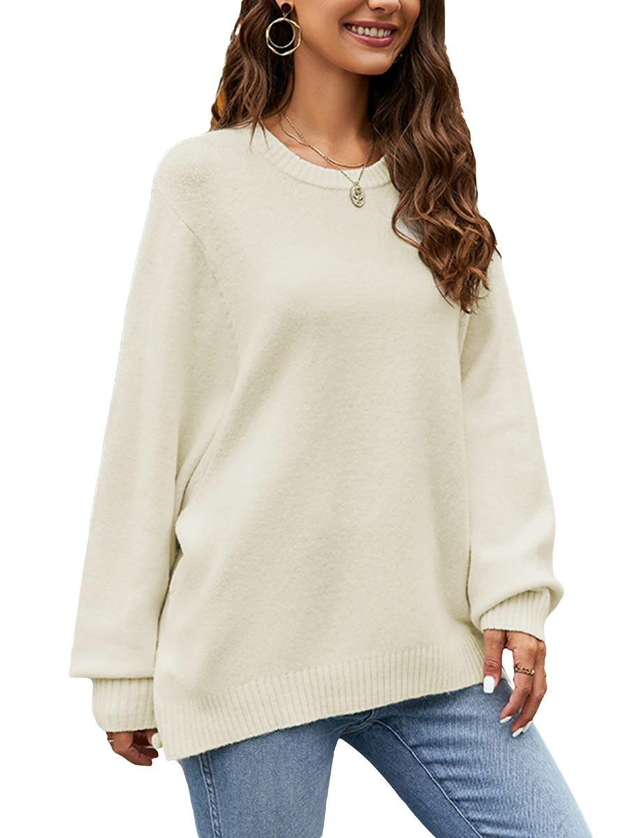 Dourbesty Women Casual Sweater Winter Long Sleeve Round Neck Solid Color Loose Fit Knit Tops