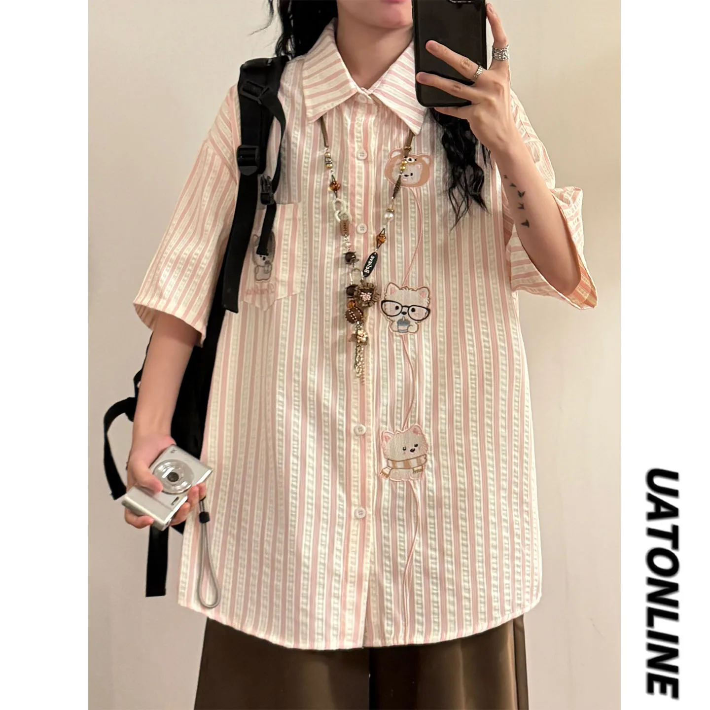 

UATONLINE2026 Летняя женская рубашка в американском стиле с вышивкой, полосками и коротким рукавом, свободного кроя, в уличном стиле