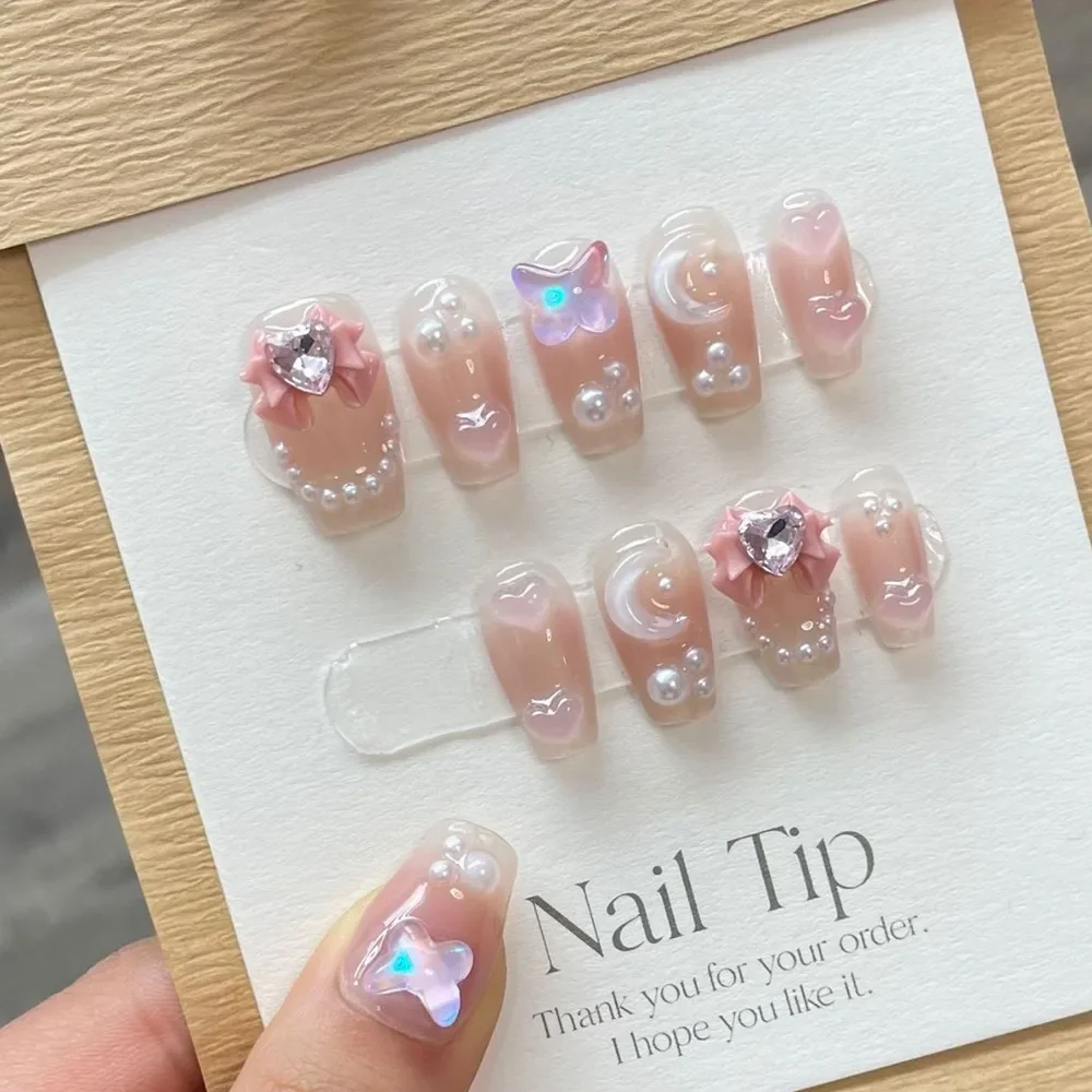 Handmade Fairy Press on Nails Y2k Korean Pink Medium-length Reusable Adhesive False Nails Full Cover Nail Tips 3d Charm Design