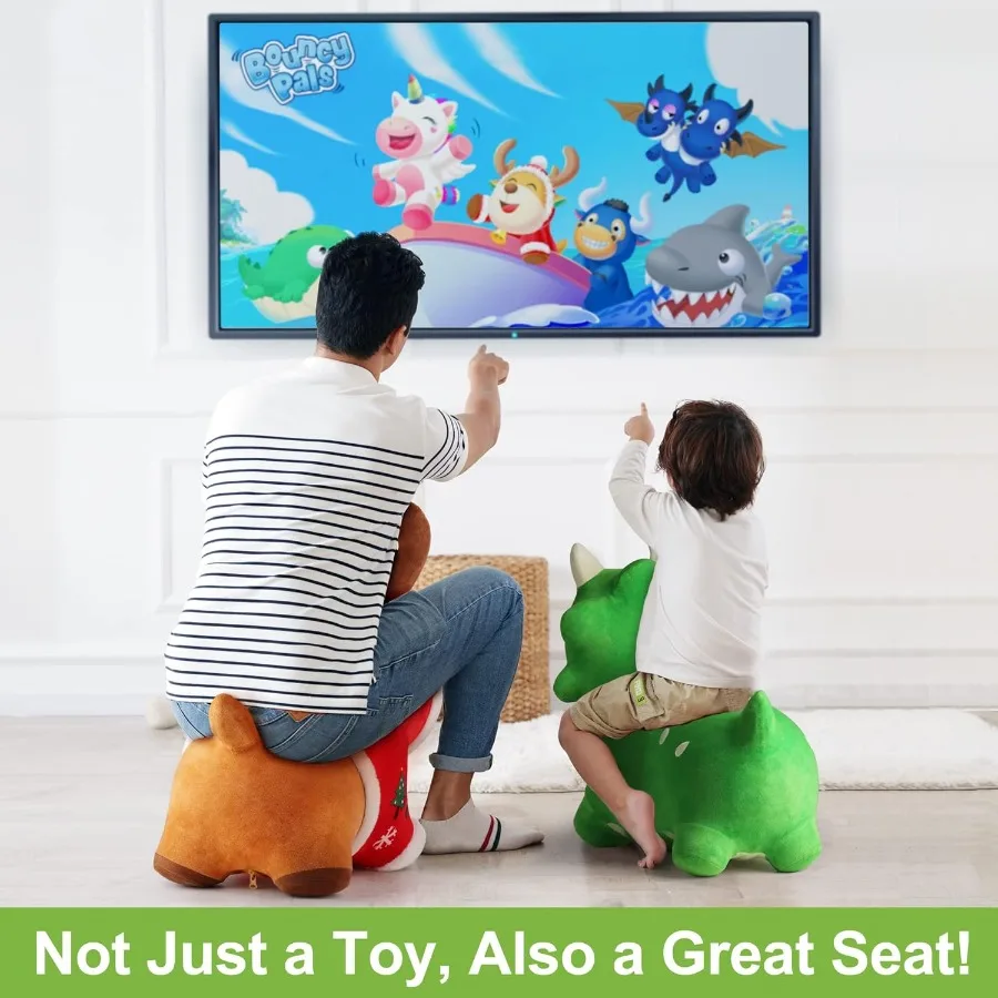 iPlay iLearn Bouncy Pals Giocattolo con tramoggia di dinosauro per ragazzi e bambini piccoli di 2 anni Animali rimbalzanti in peluche Triceratops rimbalzanti