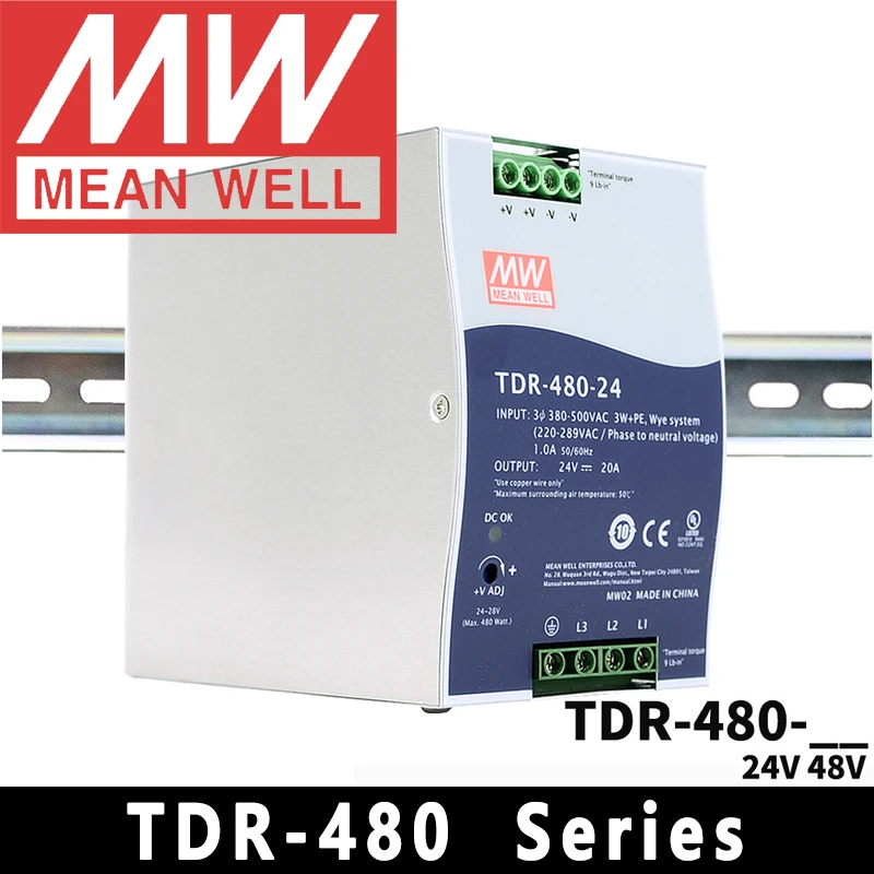 Original Mean Well TDR-480-24/48 meanwell AC/DC 24V/48V 480W Three Phase Industrial DIN RAIL with PFC Function Power Supply