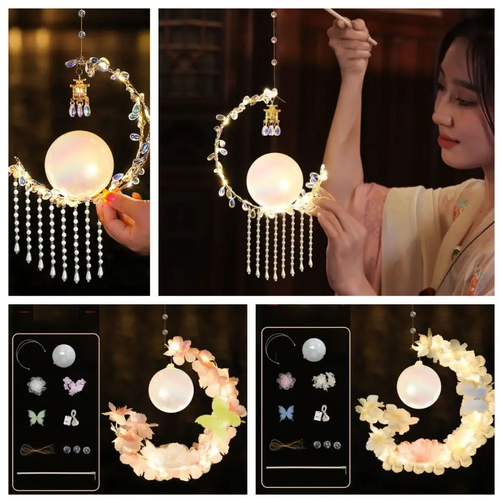 Retro Chinese Style Mid-Autumn Festival Lantern Handmade Glowing Luminous Flowers Lanterns Blessings DIY Material Bag Kids Gift