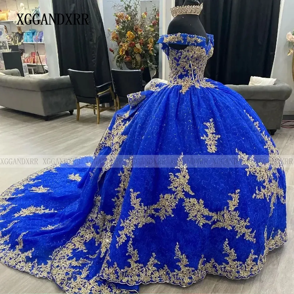 XGGANDXRR vestido De quinceañera brillante azul real, vestido De baile hinchado con hombros descubiertos, Apliques De encaje, dulce 16