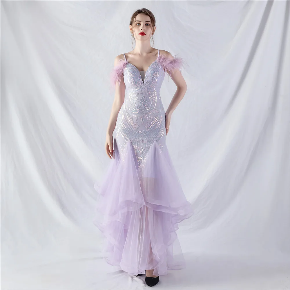 Dearmly Lavender Mermaid Formal Evening Dress 2024 Stunning Sequins Feathers Long Wedding Party Prom Gowns Dropshipping