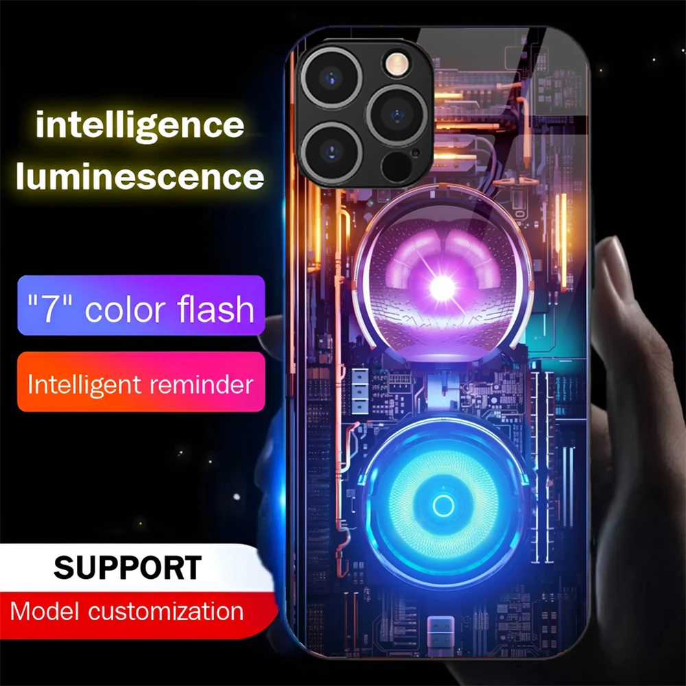 

Cyber CPU Fan Pattern LED Music Flash Phone Back Cover Glowing Glass Case For iPhone Air 17 16 E 15 14 13 12 11 Pro Max Plus SE