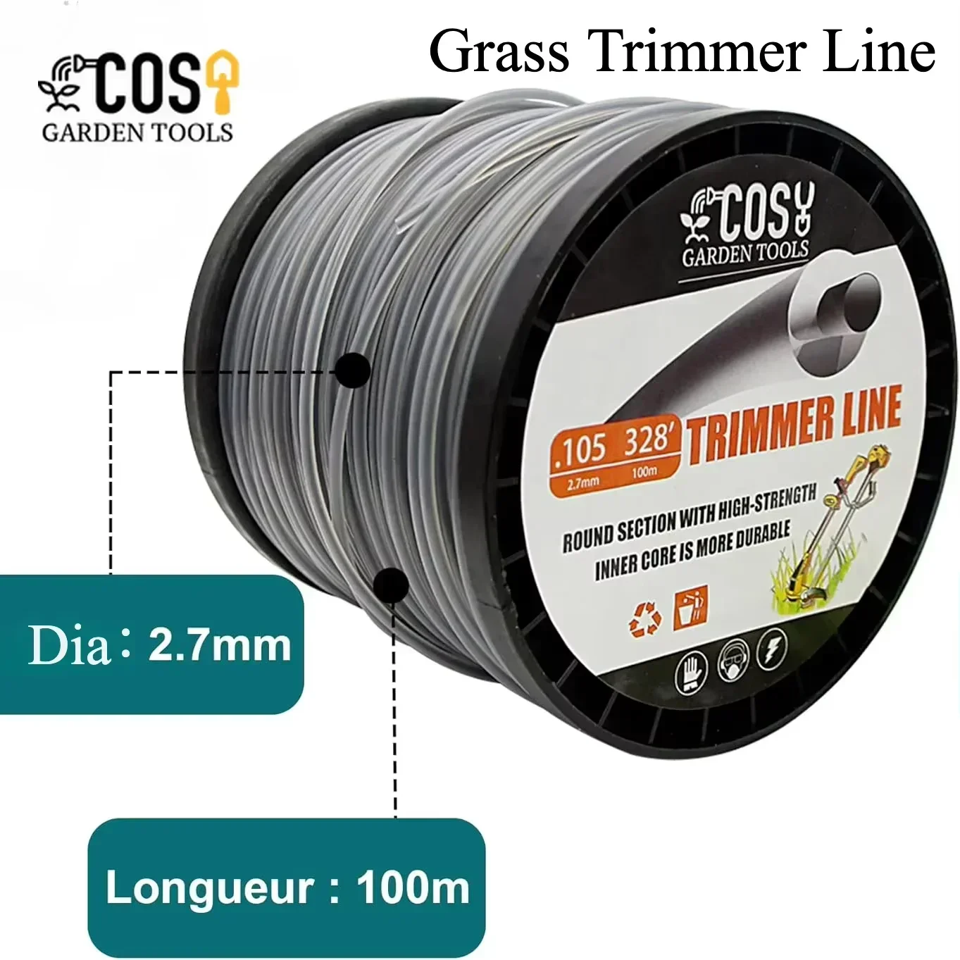 2.7mm*100M Nylon Strimmer Line Brush Cutter Rope Strimmer Line Round Graphite Filling Cord Wire String For Grass Trimmer