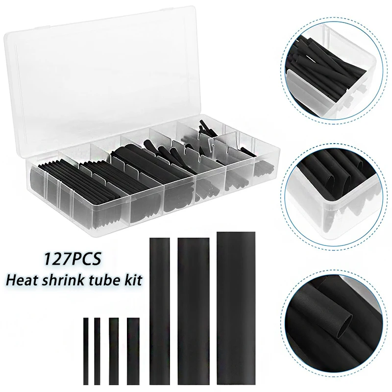 127pcs/box Black Heat Shrink Tube Kit 7 Types Insulation Shrinkable sleeving 2x40mm 13x85mm For Cables Electrical Wire