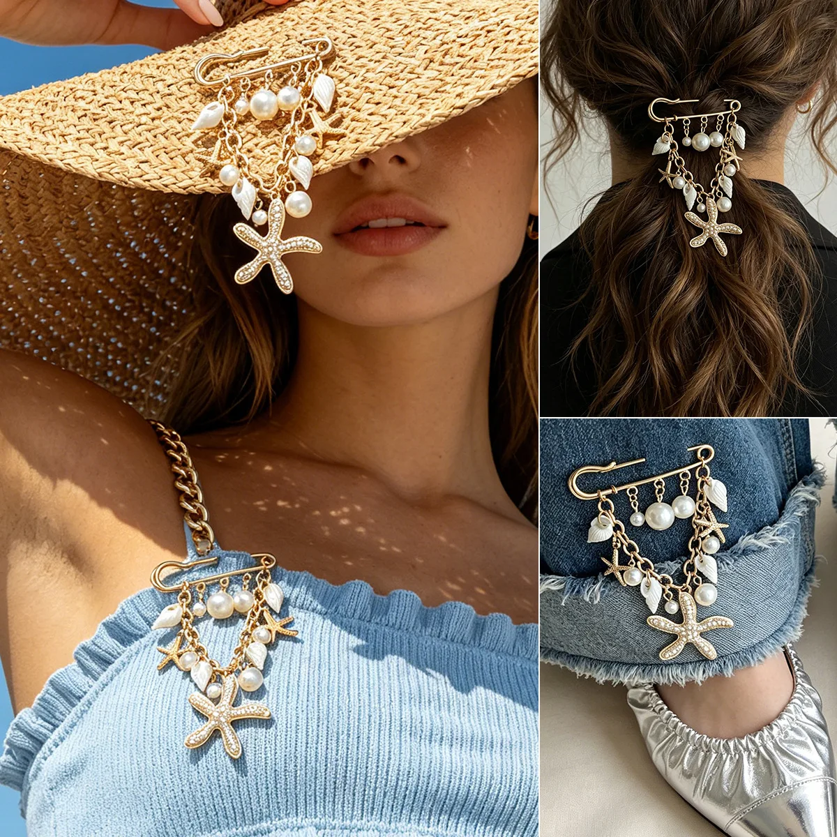 Brooch Starfish Seashell Tassel Pearl Versatile Pin for Pants and Blouse Women Office Daily Wear Premium Metal Quality