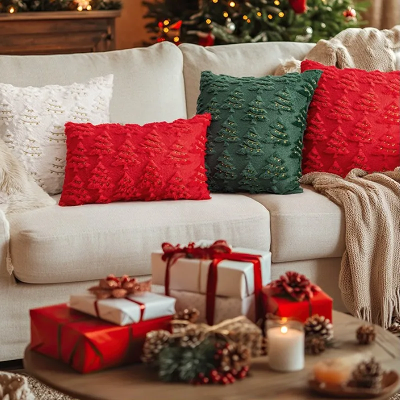 Christmas Pillow Cover with Embroidered Tree String Lights Decorative Cushion Case Living Room Sofa Festive Holiday Throw Pillow