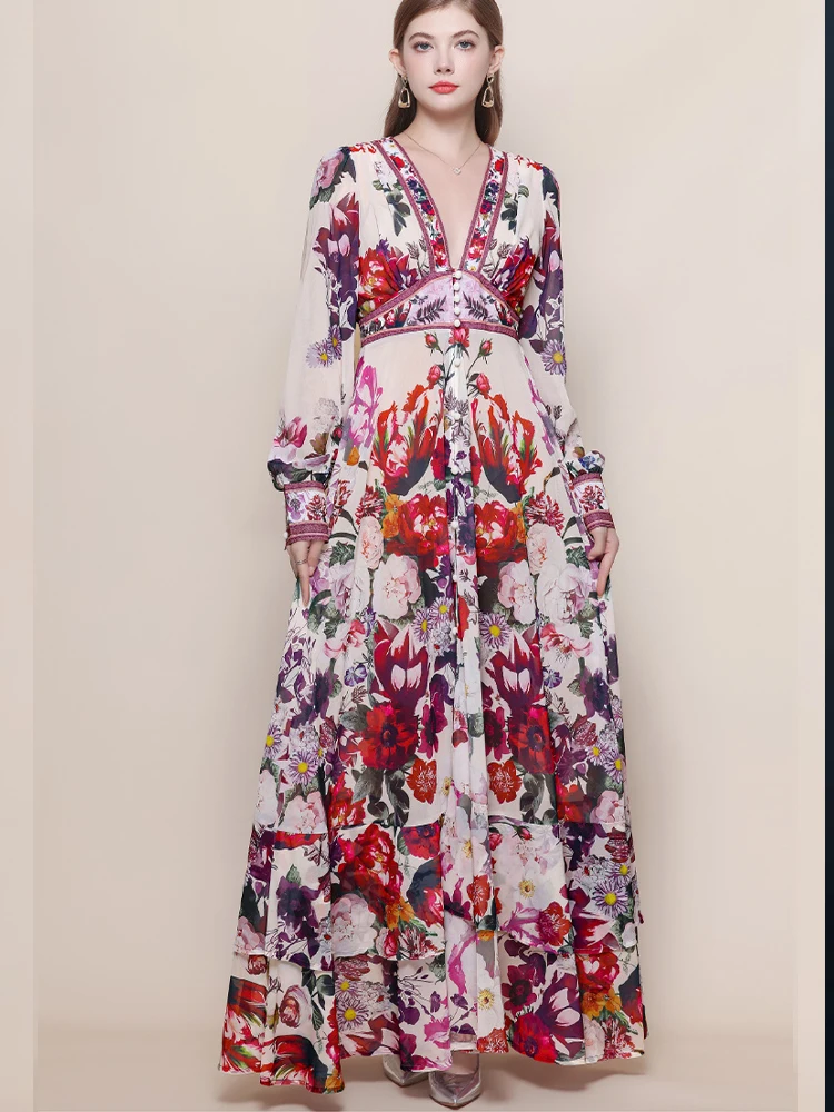 

Элегантное приталенное платье с V-образным вырезом и длинными рукавами с принтом, новая модная женская весенняя одежда 2026 года