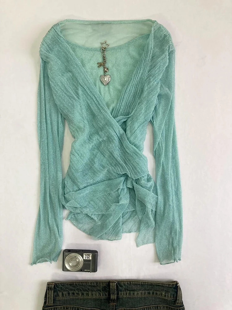 

Женская футболка Slim Fit с длинным рукавом и V-образным вырезом в стиле ретро, оригинальный цвет, для летнего сезона, модный топ