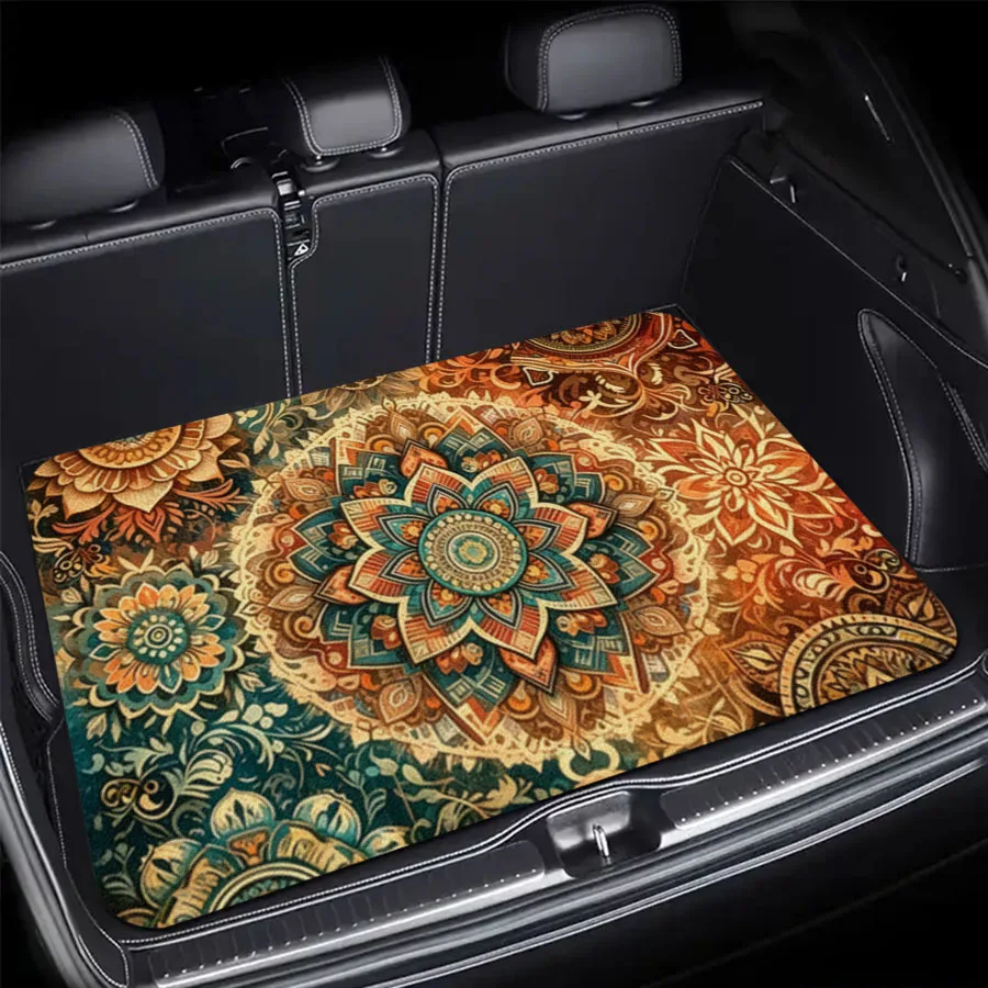 Vintage Boho Mandala Floral Universal Car Trunk Mat Waterproof Non-Slip Rear Cargo Liner Fit Sedan CUV SUV Auto Carpet For Gift