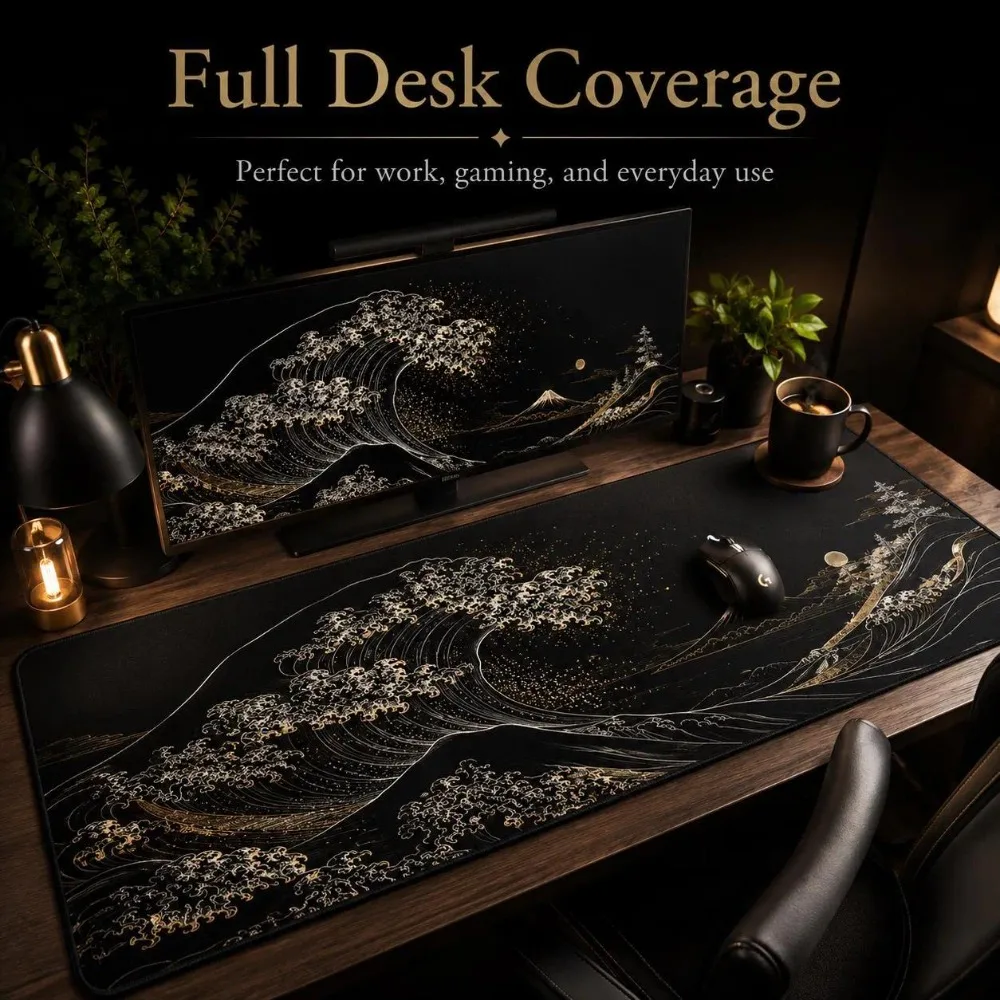 Black Gold Japanese Great Wave Desk Mat Mount Fuji Mouse Pad, Waterproof Gaming Deskmat, Non Slip Keyboard Mat, Aesthetic Office