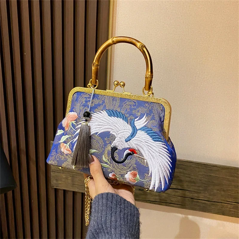 Retro Chinese Hanfu Bag Crane Xianhe Embroidered Jacquard Qipao Bag Vintage Handmade Desinger Bamboo Knot Handheld Gift Mom Bag