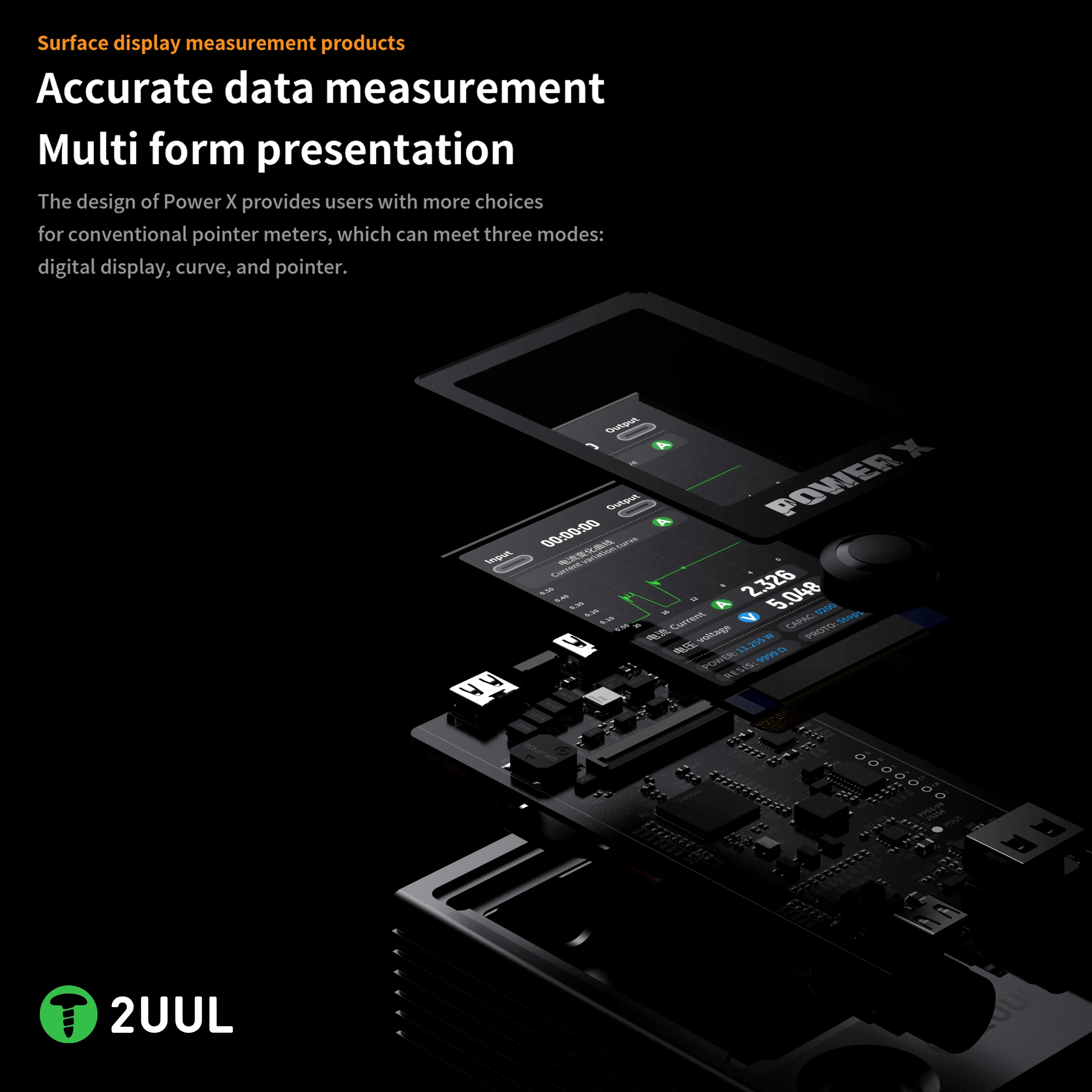 2UUL Power X High Refresh Full-color Screen Power PCB Detector : Digital Display, Curve, And Pointer Three Modes Display