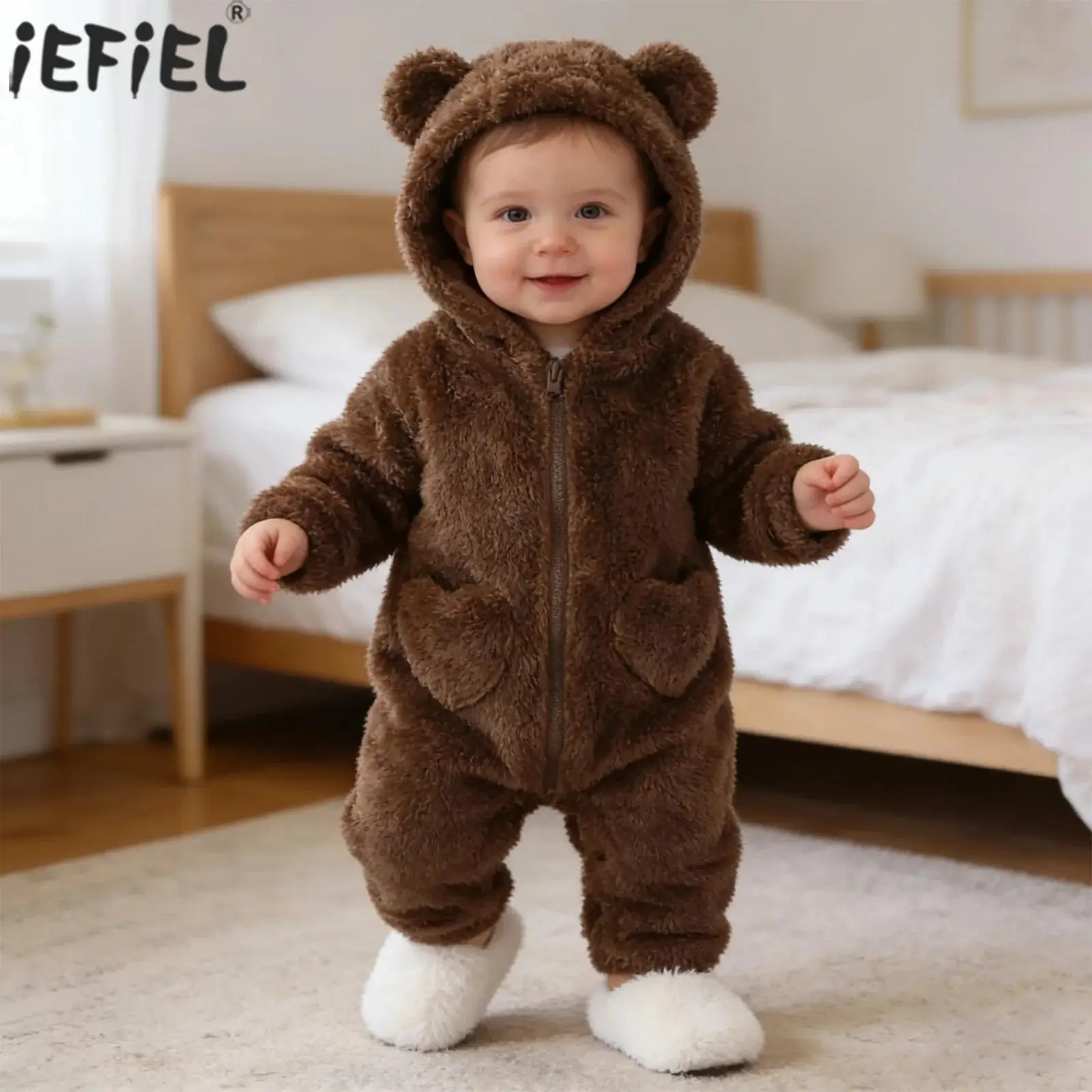 Baby Boys Girls Winter Coral Fleece Bear Hooded Romper Warm Long Sleeve Zipper Jumpsuit Pockets Snowsuit Newborn Kids Clothes