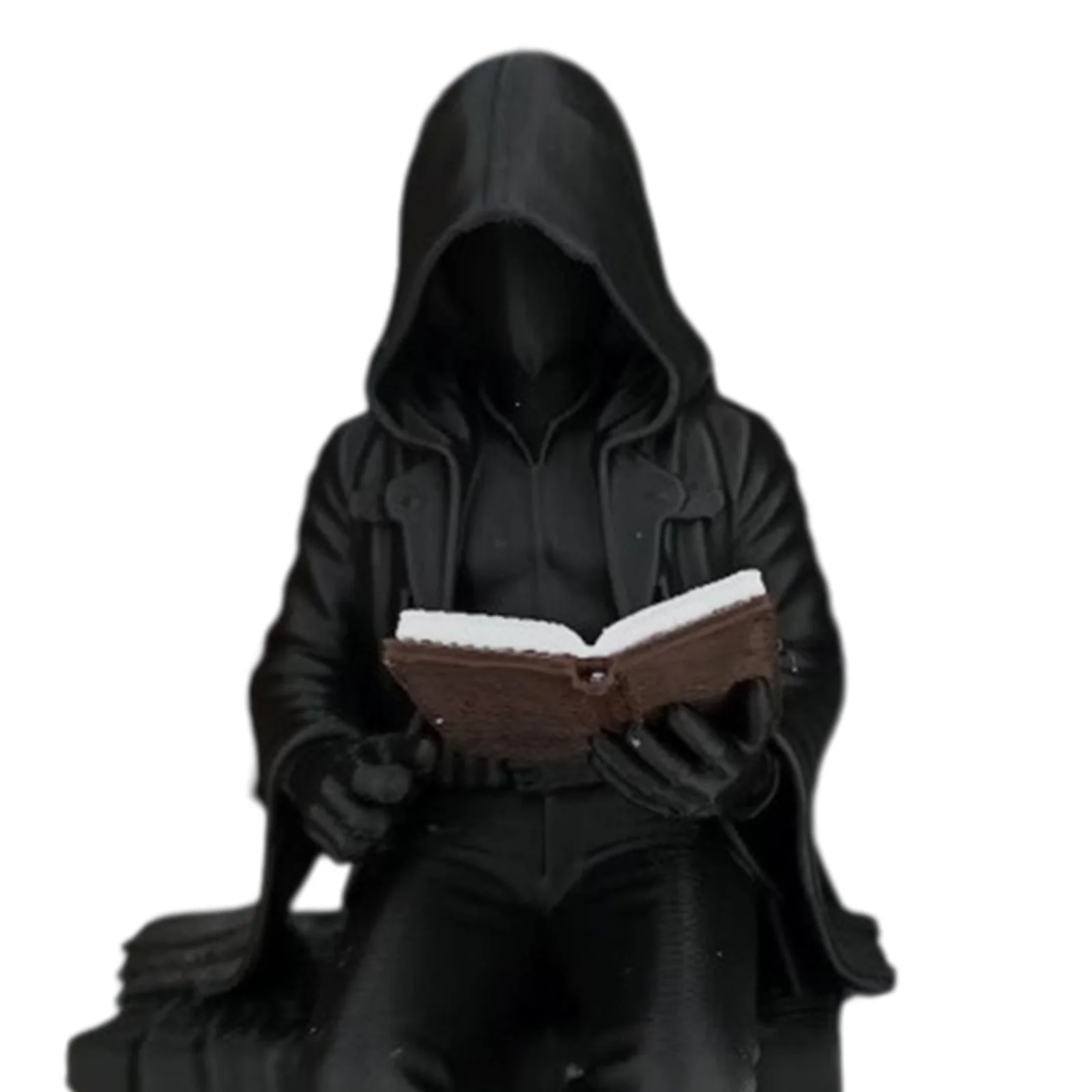 Resin Sitting Hooded Ghost Figurine with Book Robe Man Reading Statue Gothic Decor Fantasy Black Cloak Figurine for Office Shelf