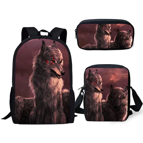 Fantasy Moon Wolf 3D Print School Bags, mochila para alunos, mochila de ombro inclinado, estojo para lápis, moda, laptop, 3 peças por conjunto