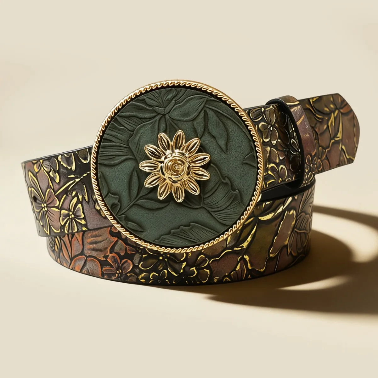 Retro Embossed Floral Belt For Women Gold Flower Round Buckle Vintage Waist Strap Decorative Accessory For Jeans Dress Outfits