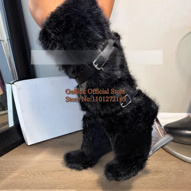 

Transparent Wedge Heeled Knee High Boots Beige Black Warm Fur Winter Boots Belt Buckle Strap Modern Runway Shoes