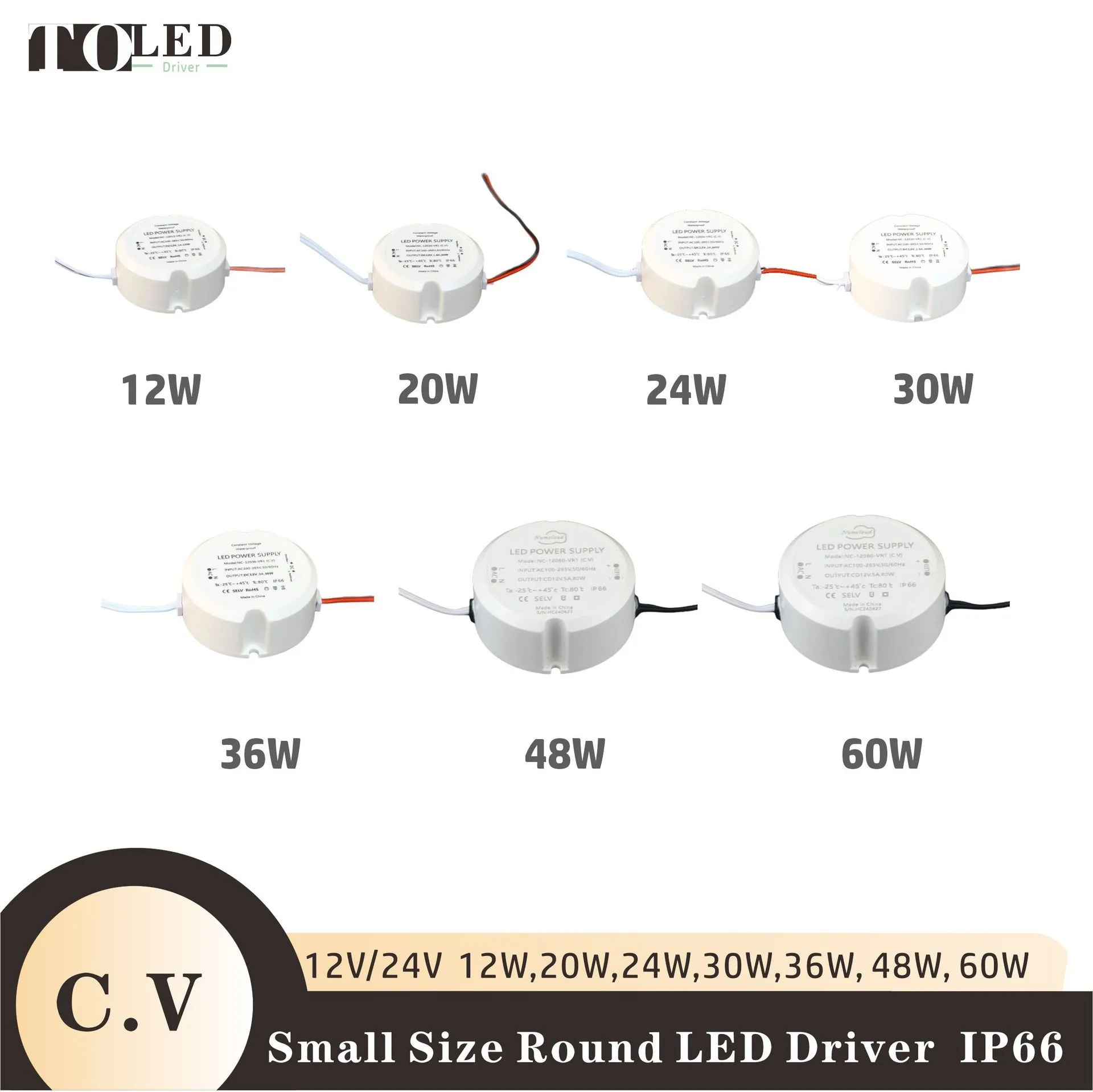C.V DC12V/24V 12W,20W,24W,30W,36W,60W mini round waterproof LED driver switching power supply lighting transformer GaN EMC LVD