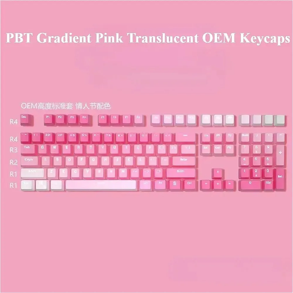 

Small full set of gradual change pink, light transmission, engraved PBT keycap OEM for MX switch game mechanical keyboard