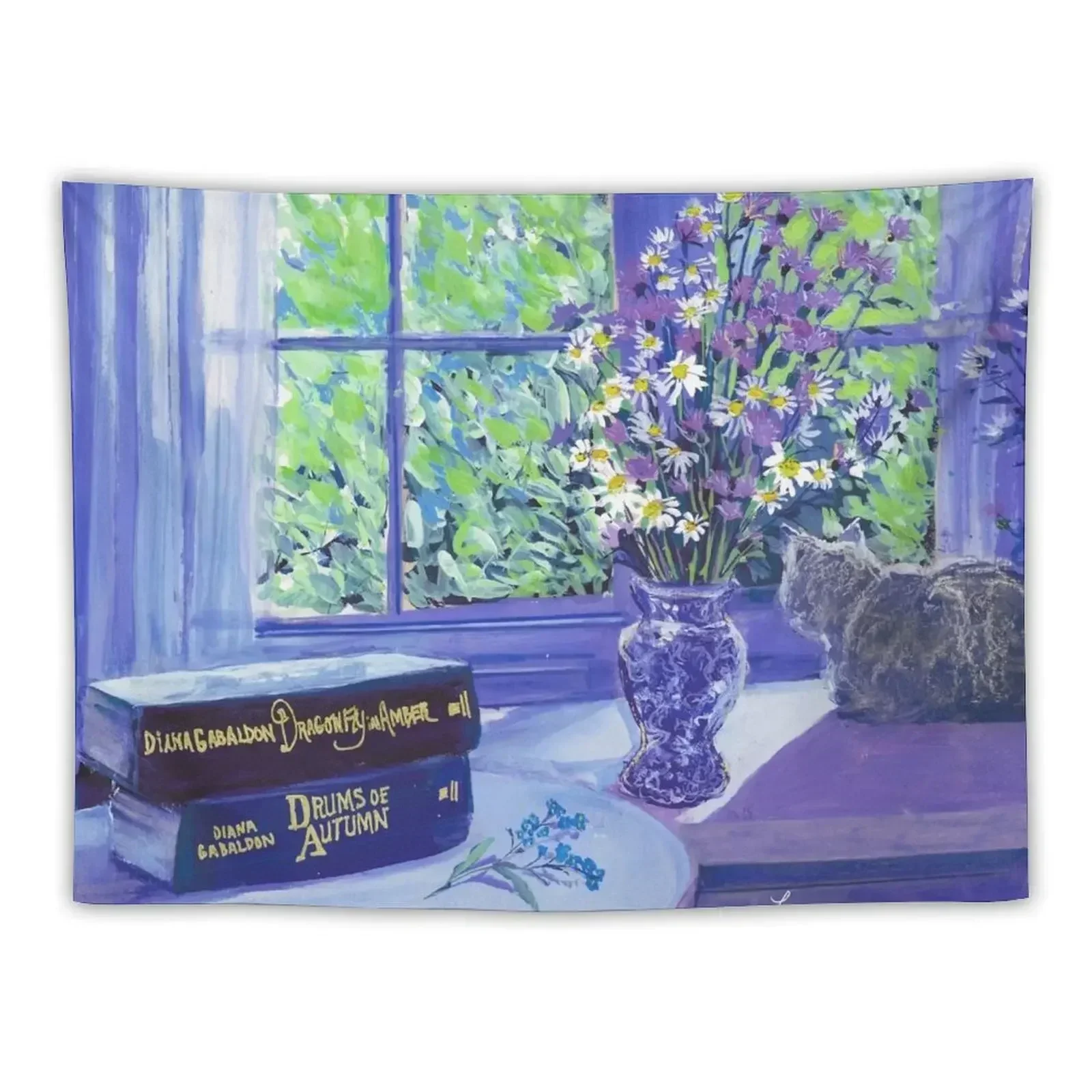 Window cat books blues forget me nots painting by Laura Rispoli daisies flowers Tapestry Wall Decor Hanging Tapestry