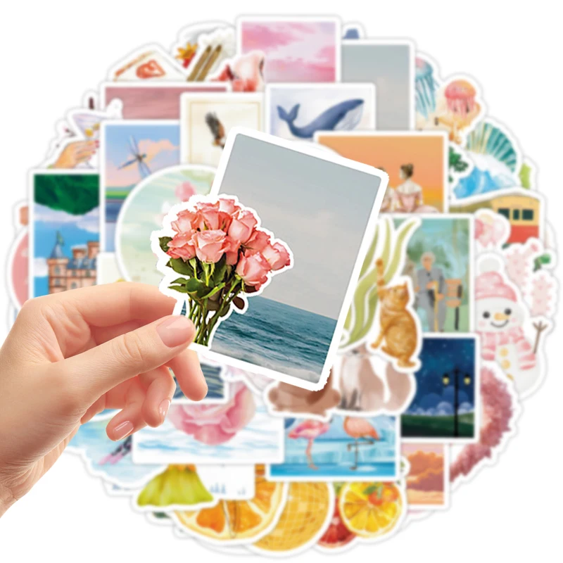 50PCS Watercolor Aesthetics Stickers Summer Cute Animal Fruit Vinyl Waterproof Decal for Water Bottles Laptop Skateboard Luggage