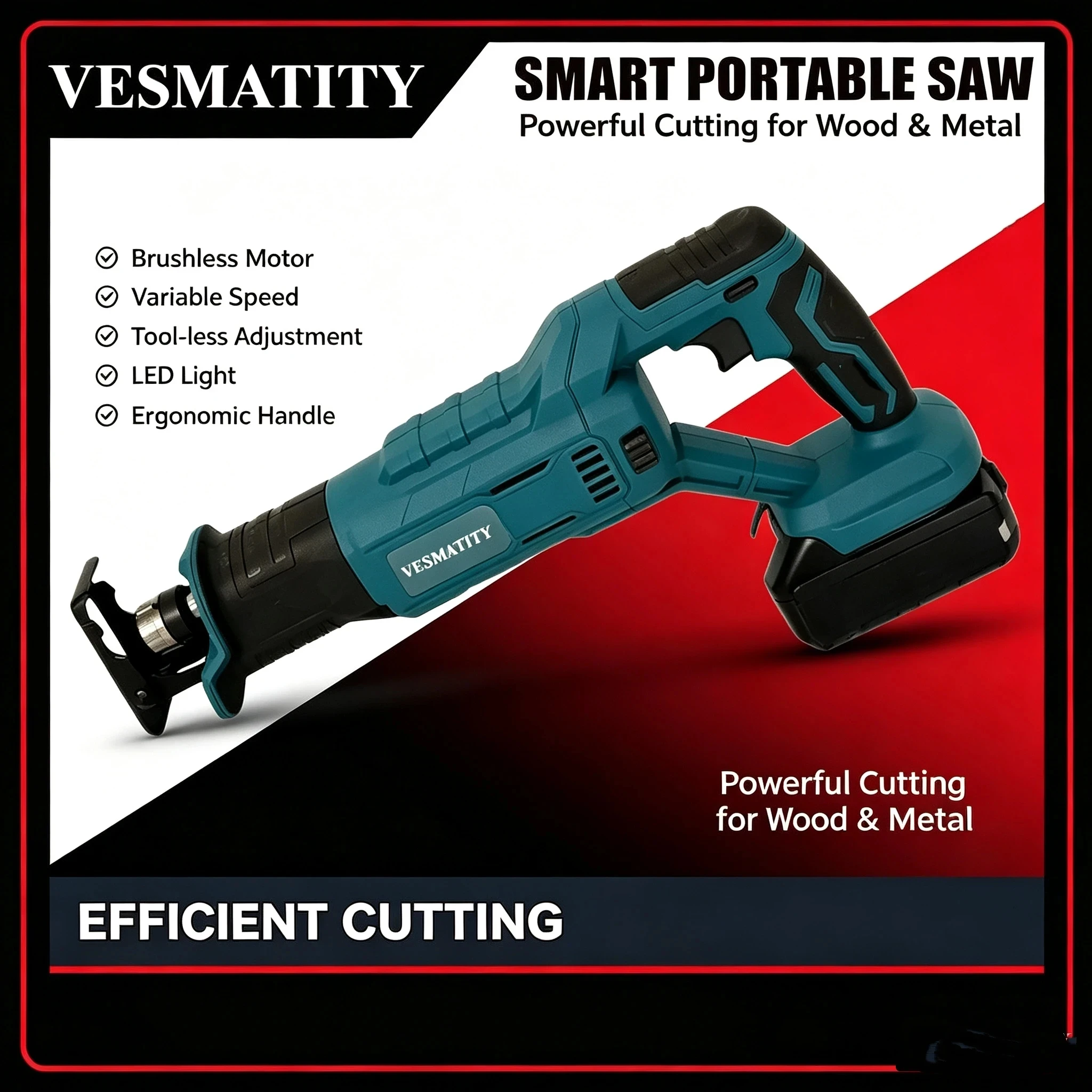 Brushless Reciprocating Saw High-Power Handheld Electric Cutting Saw for Household DIY, Wood Metal PVC Pipe Cutting Tool