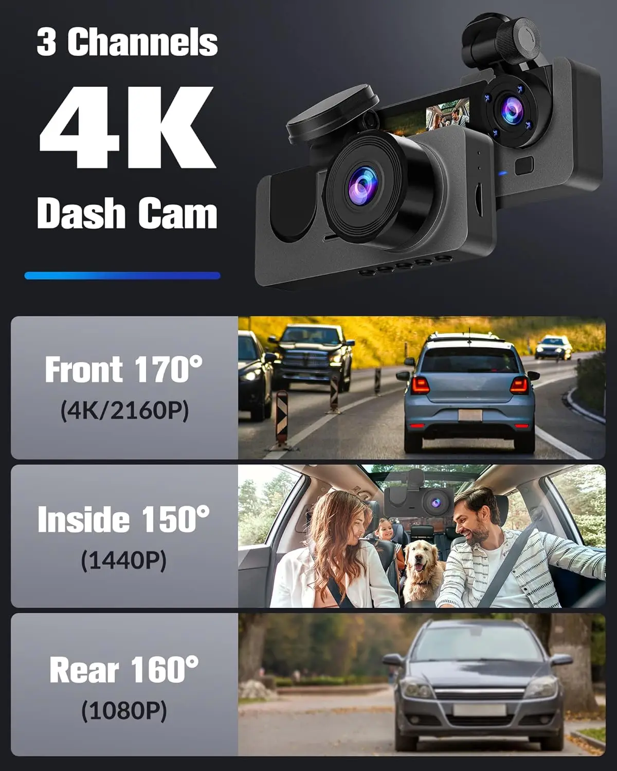 Dash Camera for Cars,4K Full UHD Car Camera Front Rear with 32GB Card,Built-in Super Night Vision,2.0'' IPS Screen,170°Wide Angl