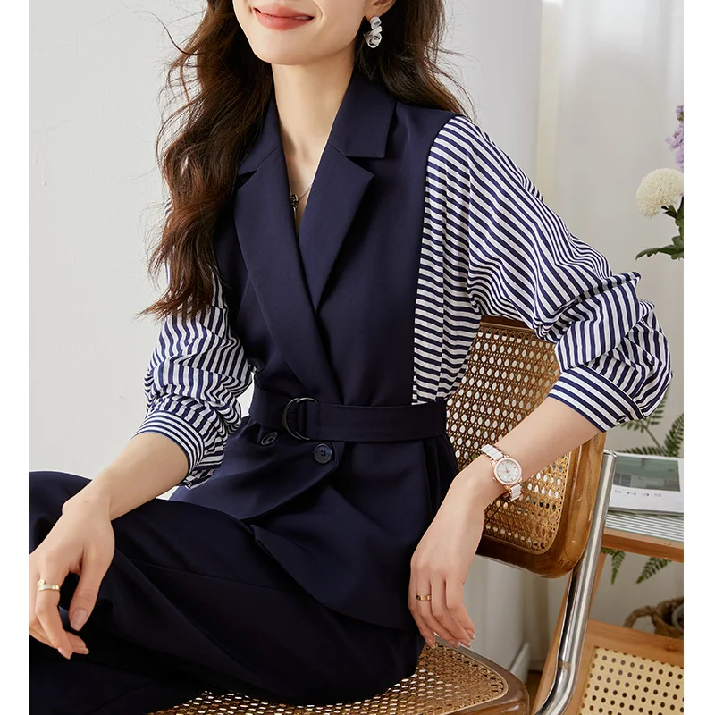 Vimly Spring Women\'s Suit Pant Sets 2023 Elegant Fashion Fake Two Piece Striped Shirt Slim Belted Blazers jacket Outfits V8059