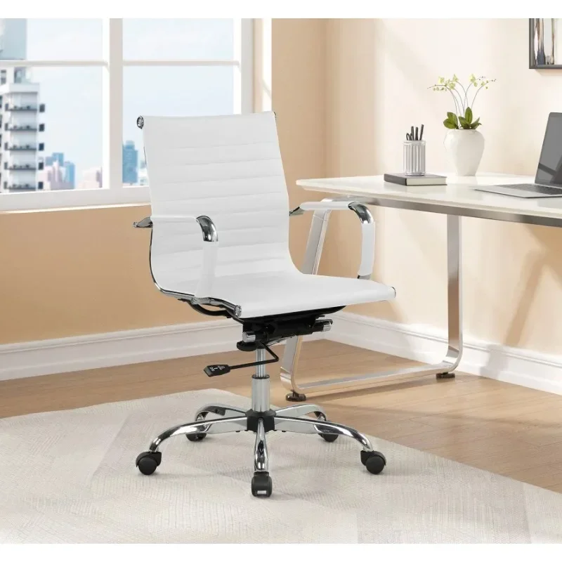PU Leather Office Chair Com Altura Ajustável, Costas Com Nervuras, Branco