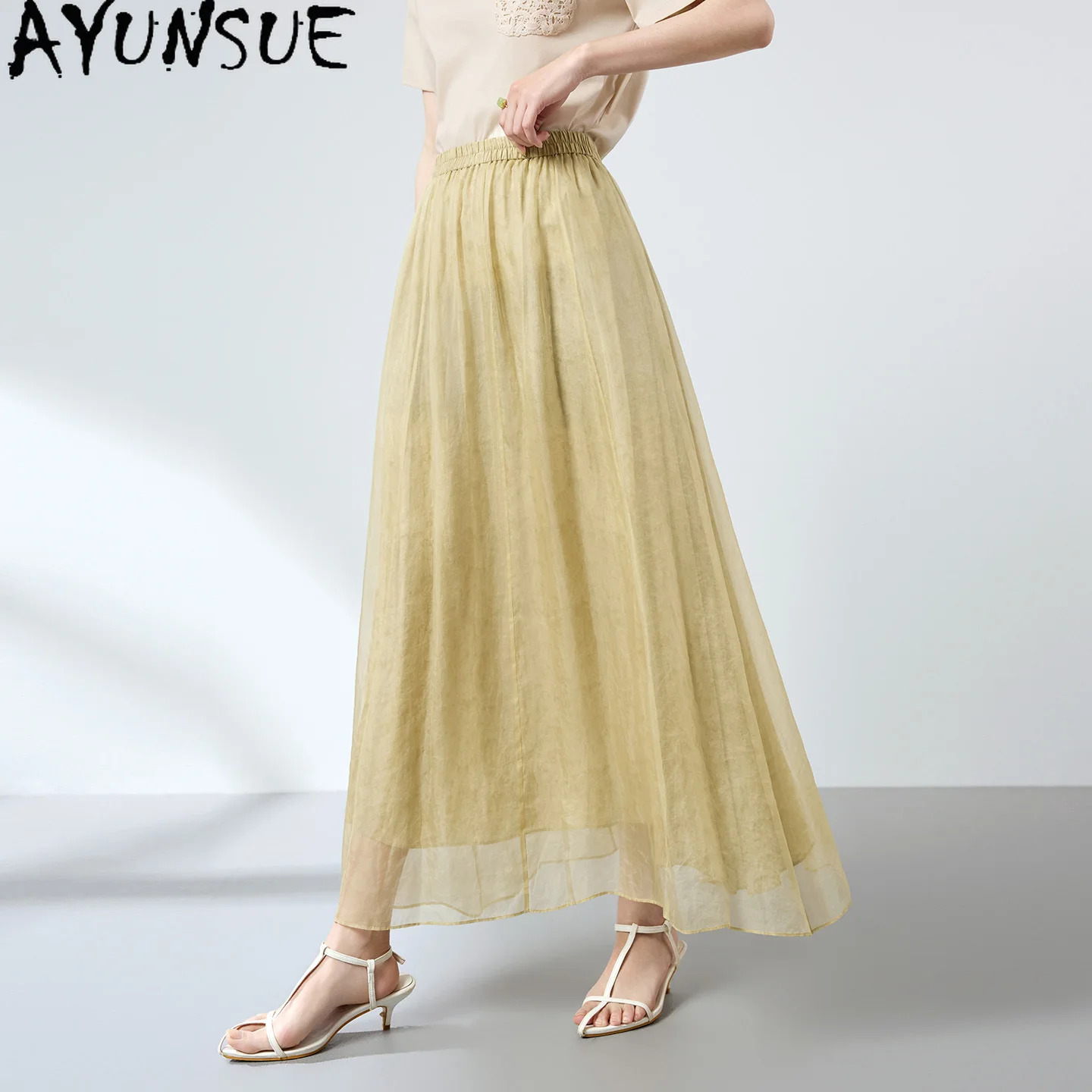 AYUNSUE 100% Mulberry Silk Long Skirts for Women Commuting Style Tulle Skirt Elegant Summer New Women Skirt 2026 Ropa Para Mujer