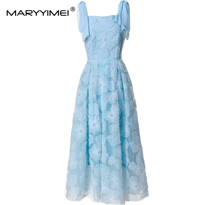 

MARYYIMEI Fashion design Women's Ball Gown Dress Spaghetti Strap Backless Square-Neck Bow Beading Princess Style Dresses
