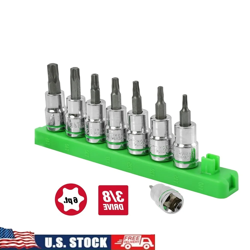 

9-Piece 3/8 Inch Drive Star Socket Bit Set Cr-V Steel Heat Treated Automotive DIY Standard Depth with Reusable Socket Rail