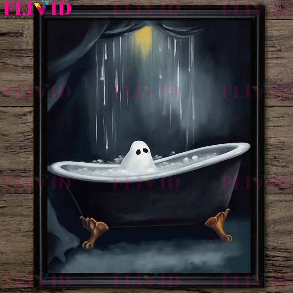 Dark Romantic Ghost In The Bath Tub Vintage Wall Art Canvas Painting Horror Spooky Cute Bubble Bath Ghost Art Poster Print Decor