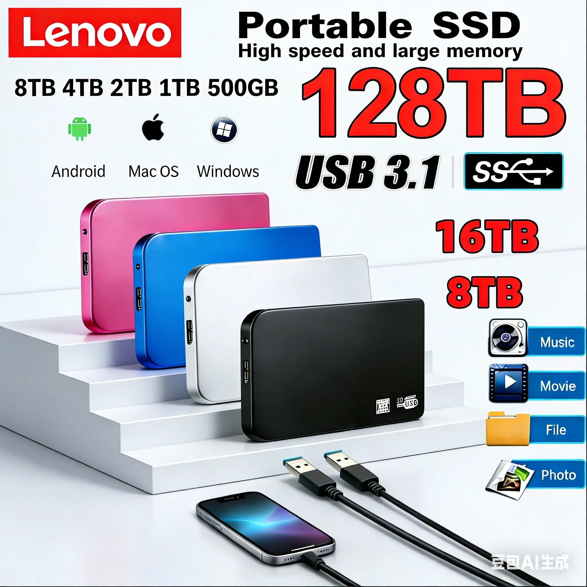

Lenovo 128TB High-speed SSD USB 3.0 Enclosure Mobile Hard Drive Cases8TB for SSD External Storage HDD Box With USB3.0 Cable ABS