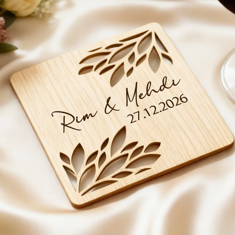 10PCS Personalized Wedding Coasters Wooden Glass Coaster, Custom Coasters for Wedding Gifts for Guests, Engraved Wood Favors