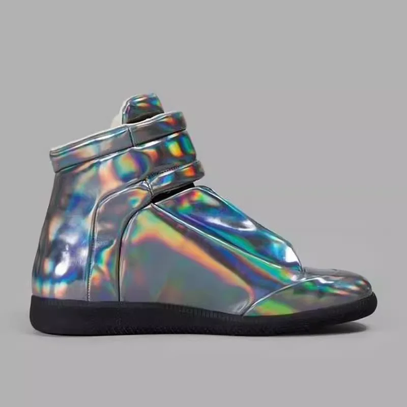 

Мужские повседневные высокие кроссовки на плоской подошве на заказ, модные серебристые кожаные дизайны на липучке, мерцающие, меняющие цвет, для авангардных видов