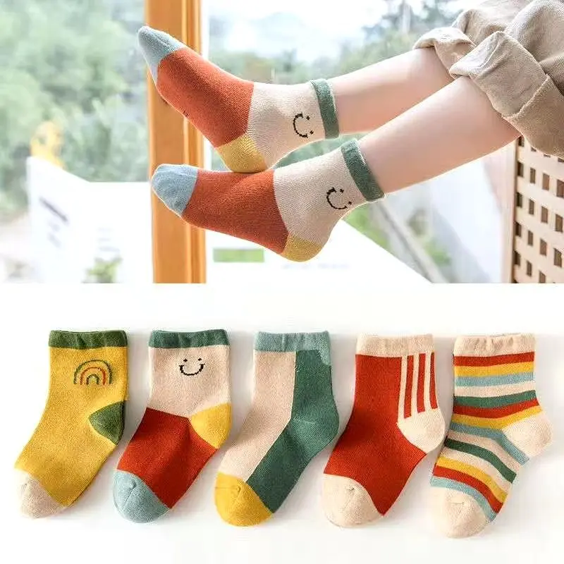 5Pairs/Lot Cute Stripe Cartoon Kids Socks Knit Warm Girls Boys Children Sock Baby Flower Floral Short Socken For 1-9Years