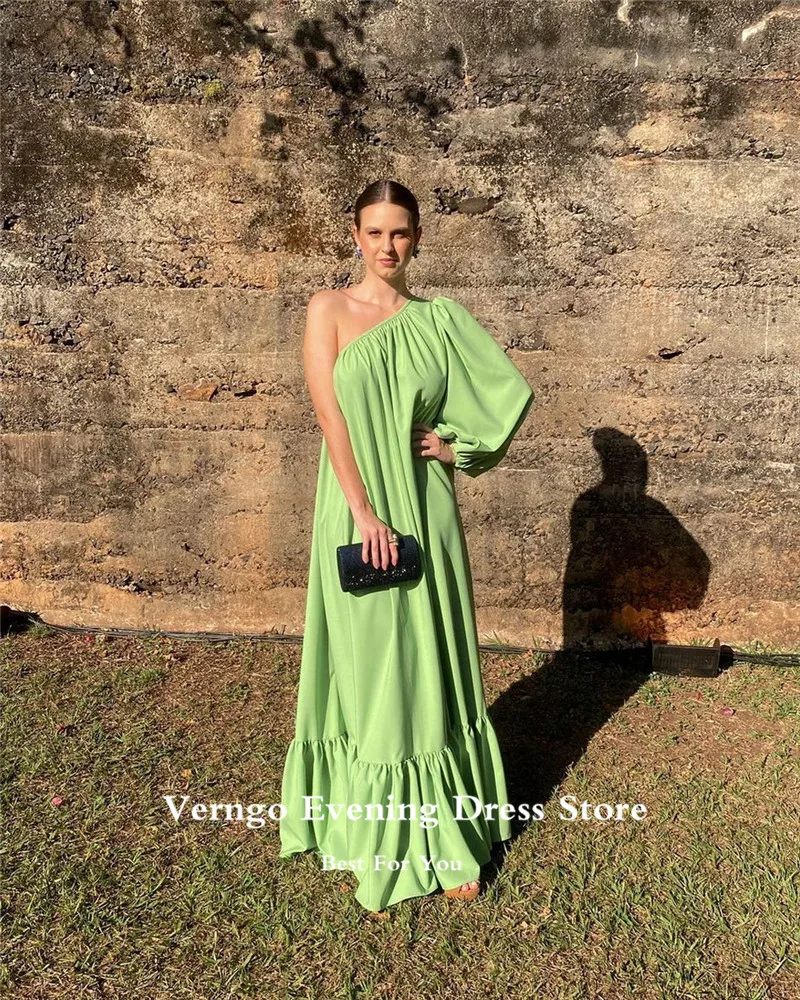 Verngo Light Green Silk Satin Straight Evening Dresses One Shoulder Puff Long Sleeve Arabic Women Formal Party Dress Prom Gowns