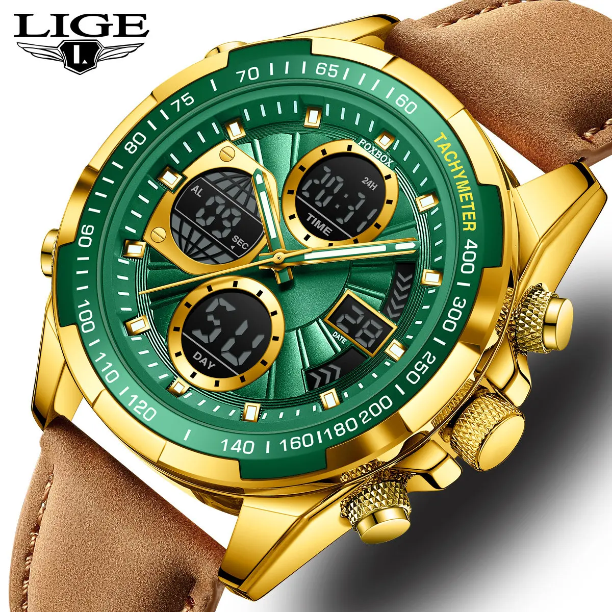 

LIGE модные мужские часы деловой кожаный ремешок кварцевые наручные часы для спорта на открытом воздухе водонепроницаемые мужские часы светодиодные часы с двойным дисплеем