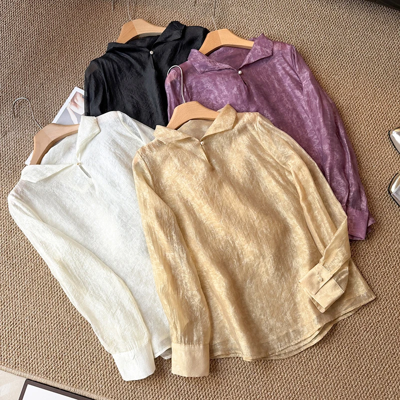 

Elegant National Style Shirt with Small Collar Trendy Age-Defying Long Sleeve Women's Loose Fit Shirt for Spring Season