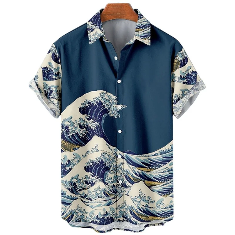 Retro Japanese Wave And Ocean Graphic Shirt 3D Printed Hawaiian Beach Button up Collared Short Sleeved Men's And Women's Clothin