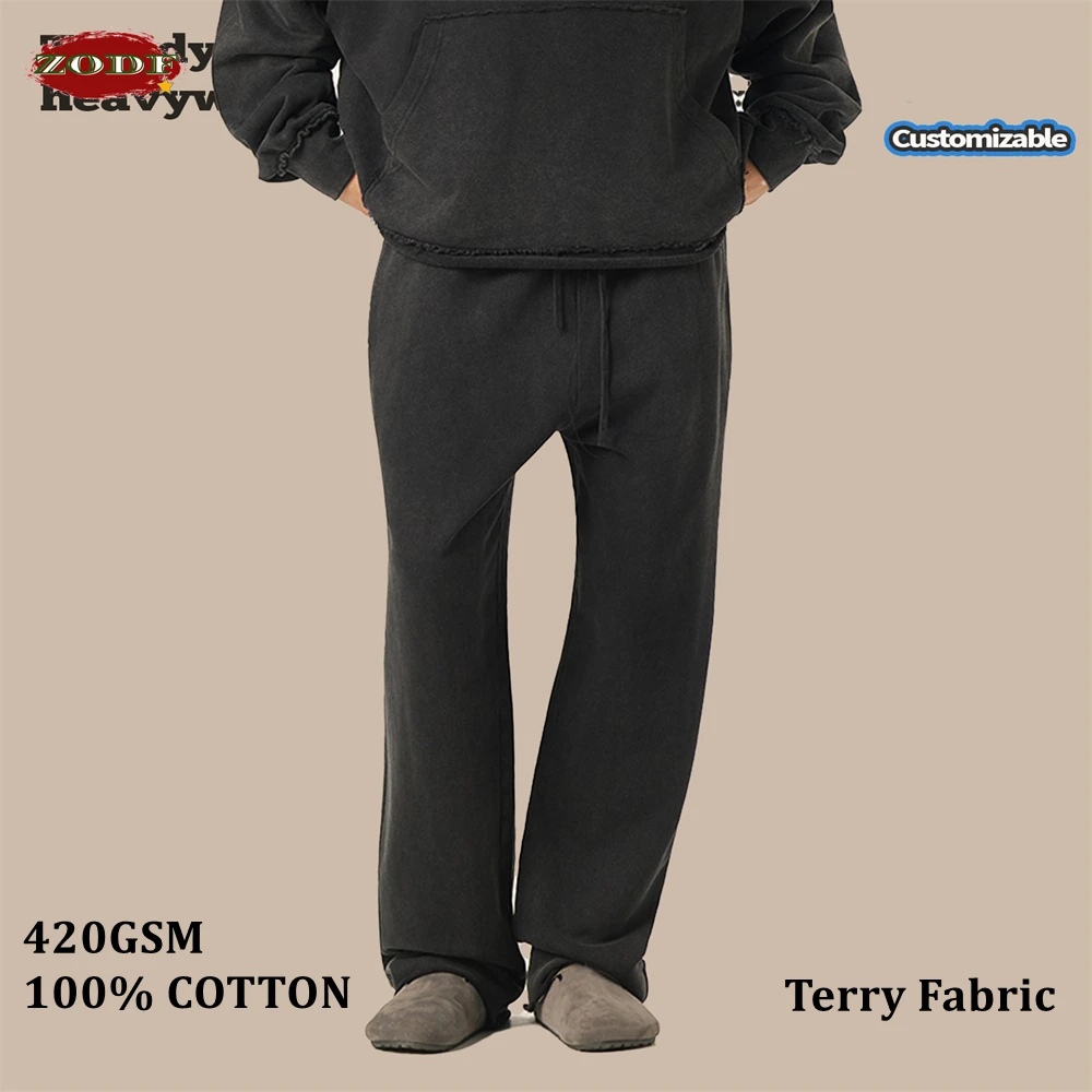 ZODF خمر رجل غسلها القطن مستقيم السراويل للجنسين 420gsm حافة فضفاضة المتعثرة بنطلون رياضي العلامة التجارية تصميم HY0049