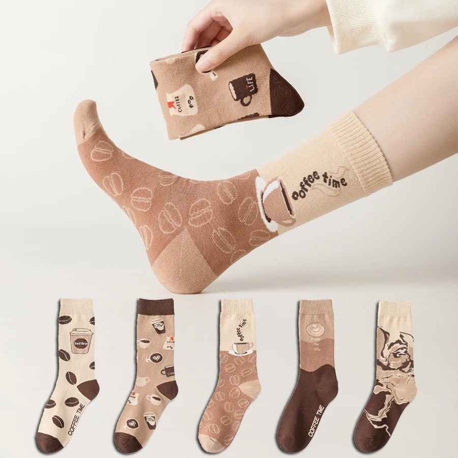 5 Pairs Women's Trendy Socks Fashionable Coffee Pattern Versatile American Retro Casual Cotton Man Woman Couples Long Tube Socks