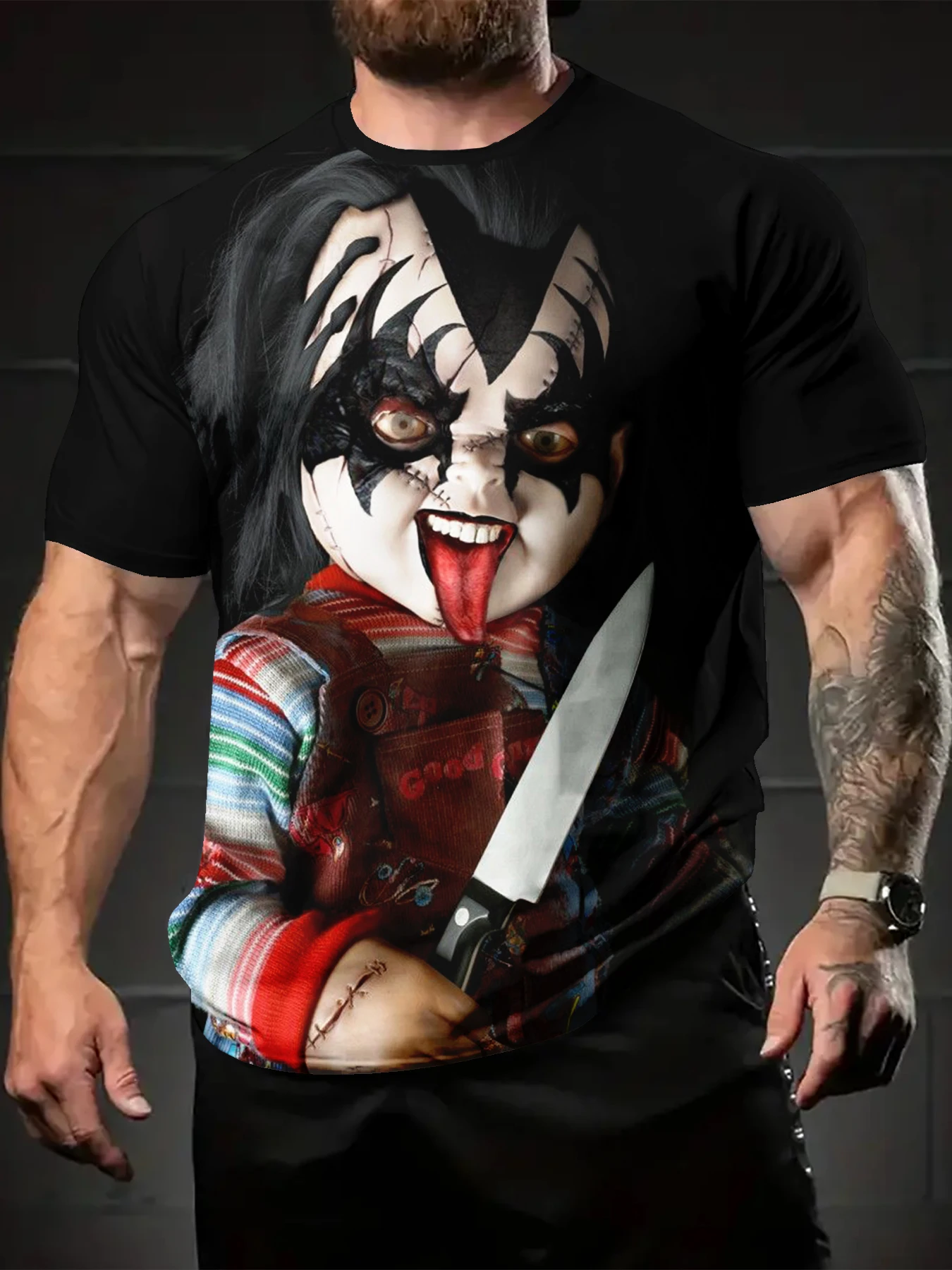 Men Black Horror Stitched Doll With Face Paint Holding Knife Graphic Short Sleeve T-Shirt