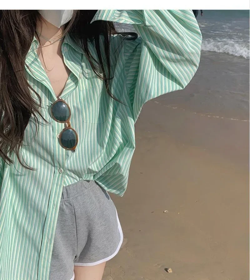 

Полосатые блузки для офиса и женщин, свободная повседневная верхняя одежда, рубашка, весенние винтажные топы с отложным воротником, корейская блузка с длинным рукавом