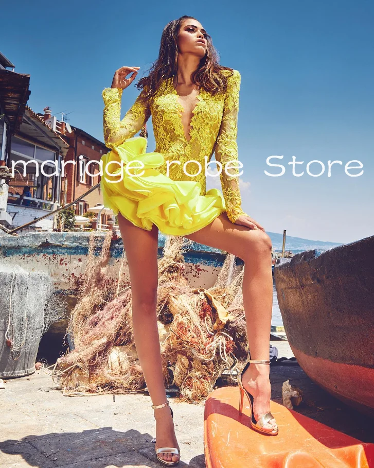 yellow lovely mini evenign cocktail dresses ruffles floral skirt long sleeve v-neck lace short birthday gala gown customsized