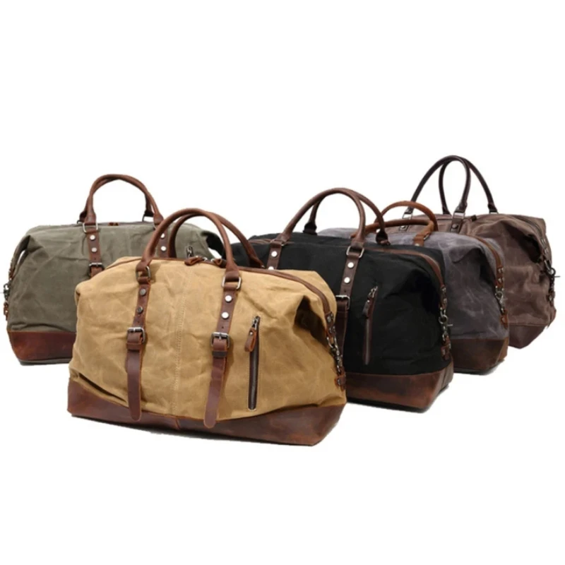 Waxed Canvas Travel Bag, Solid Color Outdoor Shoulder Bag, Durable Carry on Duffel with Crazy Horse Leather